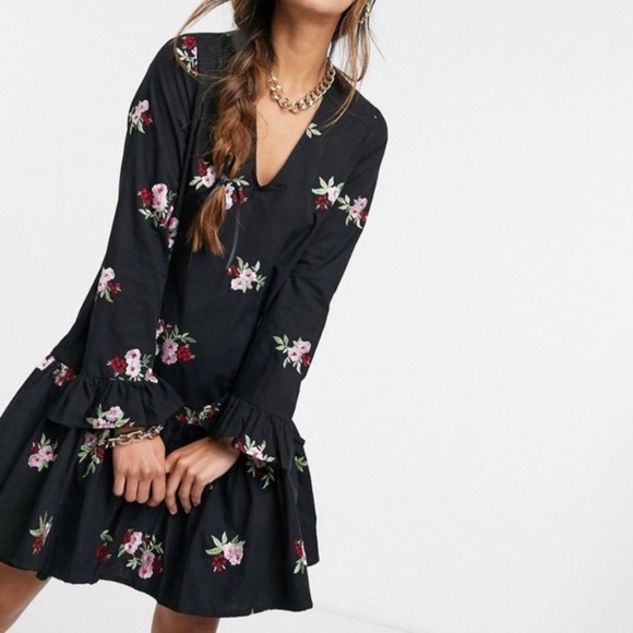 ASOS DESIGN Cotton Embroidered V-neck Smock Drop Waist Dress - Picture 1 of 14